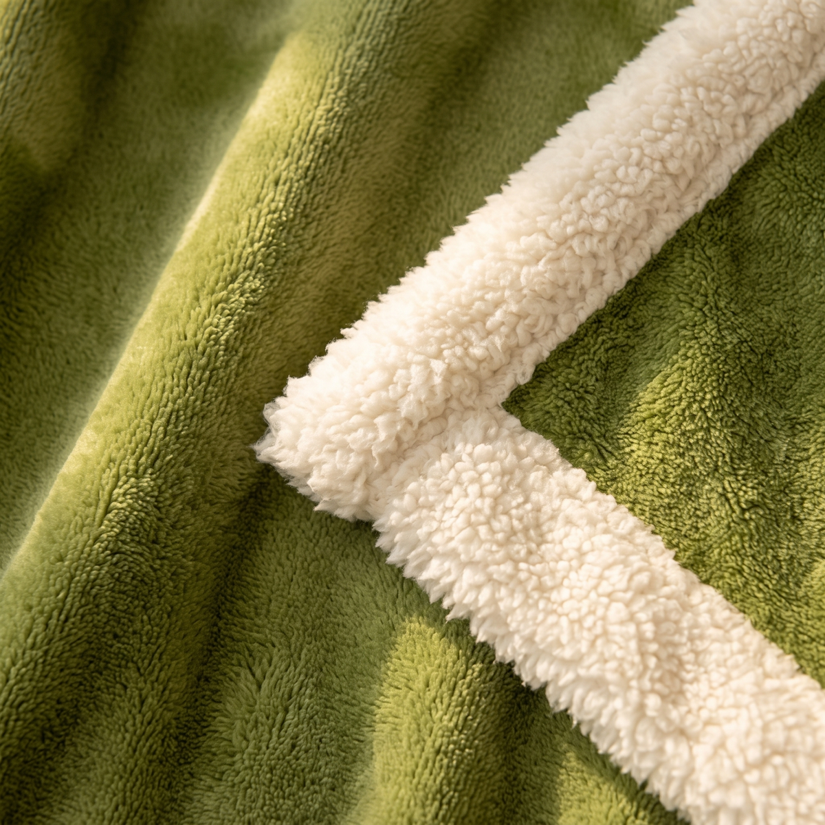 Close-up of the green plush and cream trim