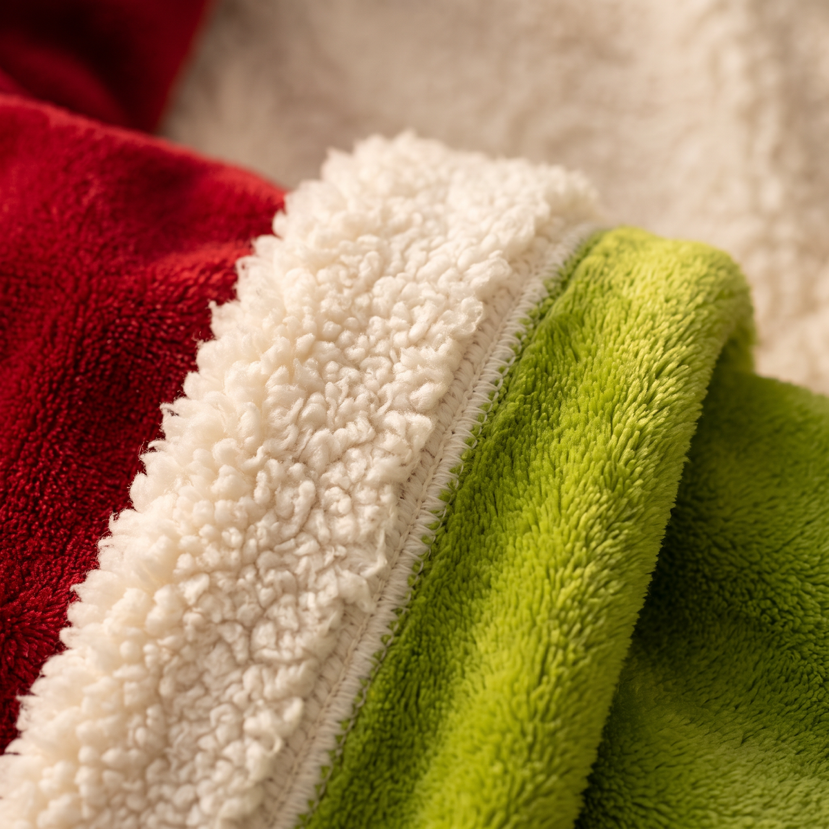 Close-up of the red plush, cream trim and green plush lining