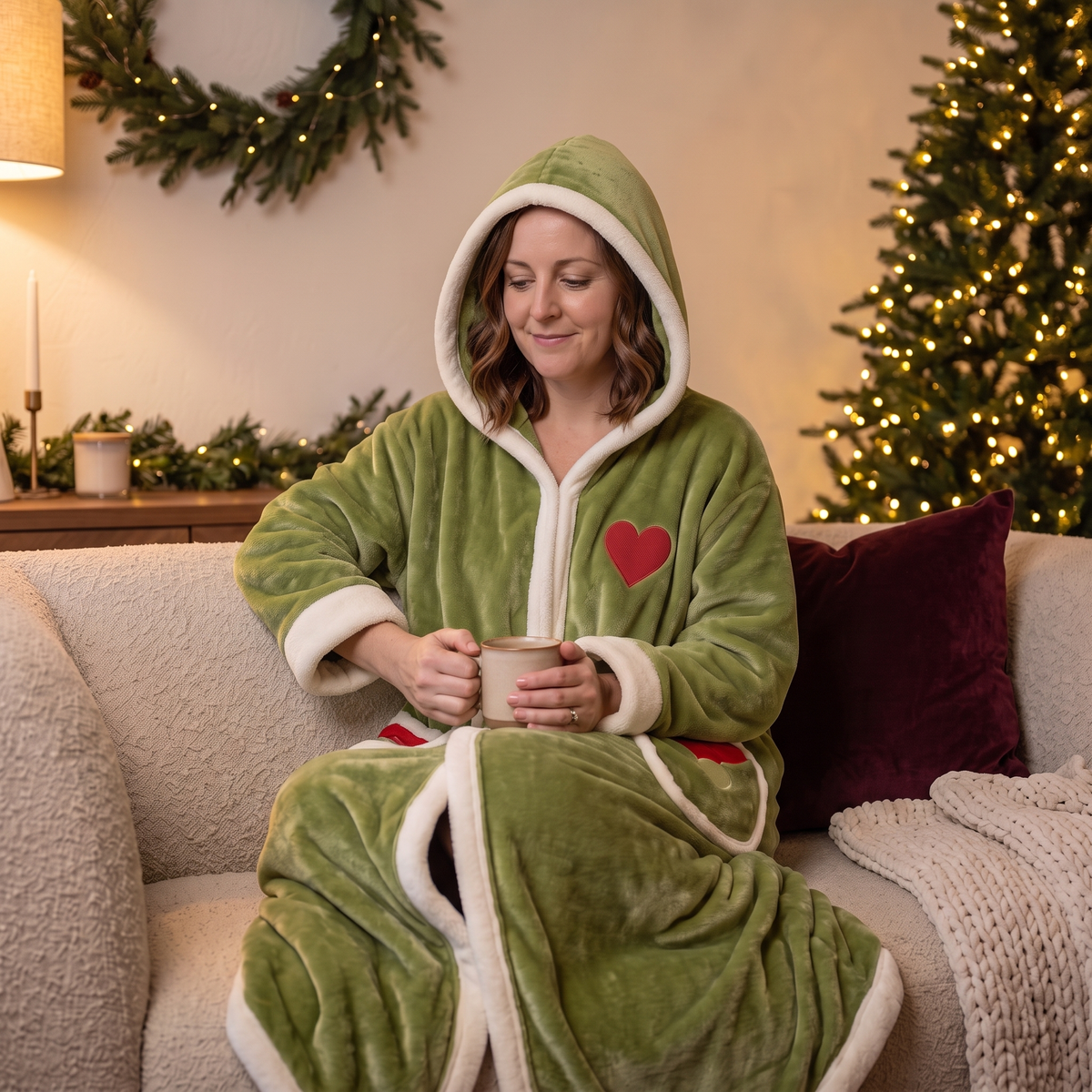 Staged photo: the same woman relaxed on the sofa in the SNUGMORA heated robe with the hood up