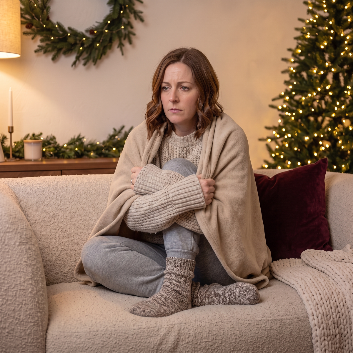 Staged photo: woman curled up on the sofa in a sweater and blanket, visibly cold