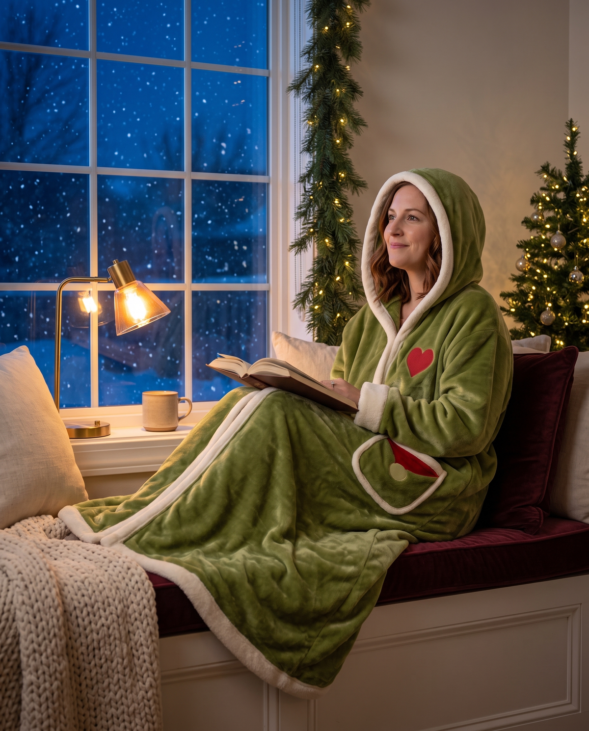 Reading by a snowy window at night in the SNUGMORA heated robe with the hood up