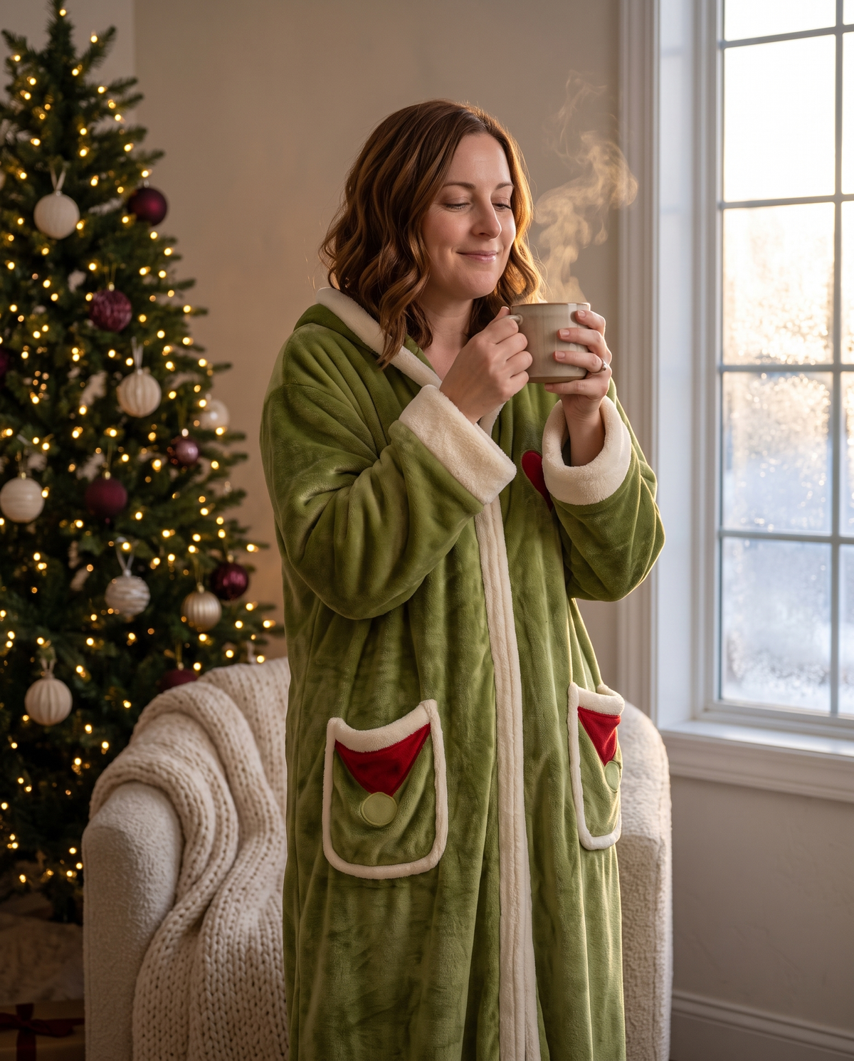 Christmas morning coffee by the tree in the SNUGMORA heated robe